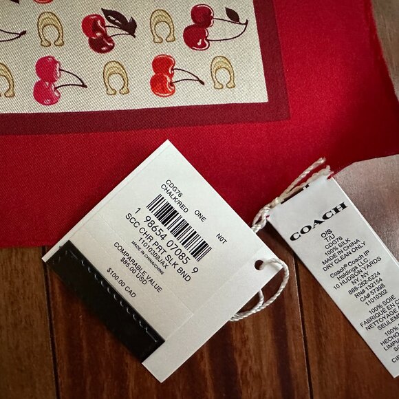 COACH SCULPTED C CHERRIES PRINT SILK BANDANA SCARF:NWT CDG76 CHALK/RED - Picture 8 of 9
